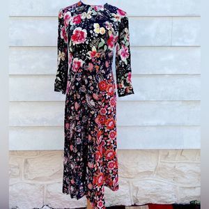 *** Zara Black Floral Boho Patchwork Midi Dress Small (F)
